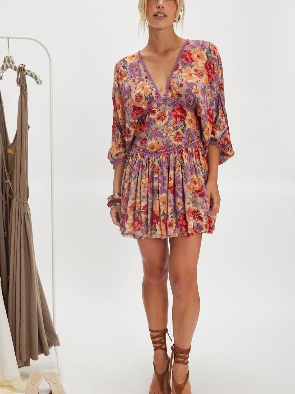 Floral V-Neck Mini Dress in Lavender & Peach